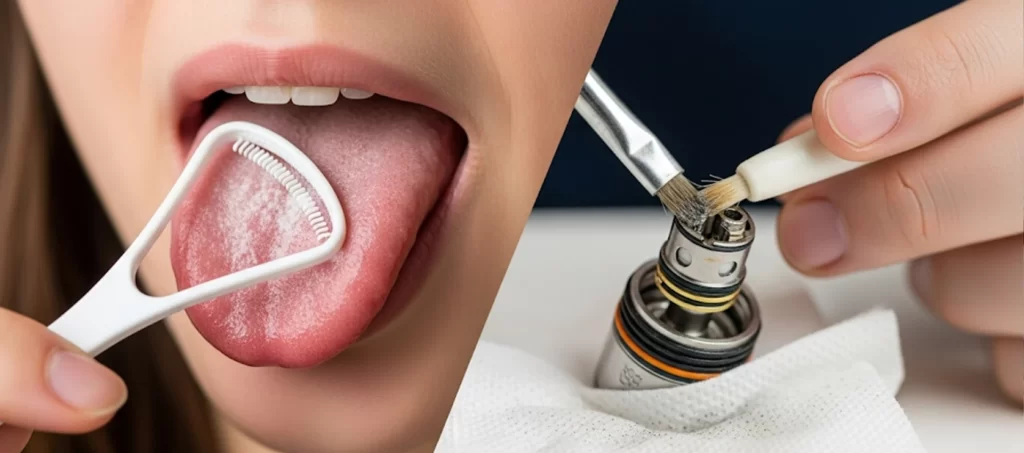 تصویر ترکیبی از رعایت بهداشت دهان با مسواک زبان و تمیز کردن کویل دستگاه ویپ.