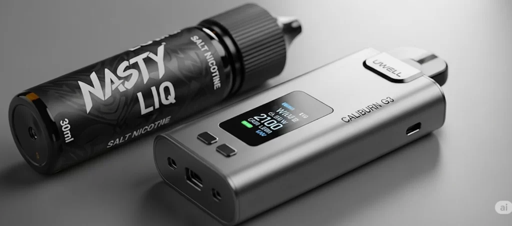 یک تصویر کاربردی که یک بطری سالت Nasty LIQ را در کنار یک دستگاه پاد سیستم مدرن مانند Uwell Caliburn یا Vaporesso XROS نشان میدهد.
