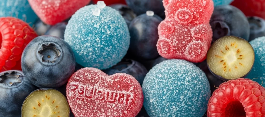 یک تصویر کلوزآپ و اشتهاآور از طعم Blueberry Sour Raspberry که بلوبریهای تازه و تمشکهای ترش را در کنار آبنباتهای رنگی نشان میدهد.